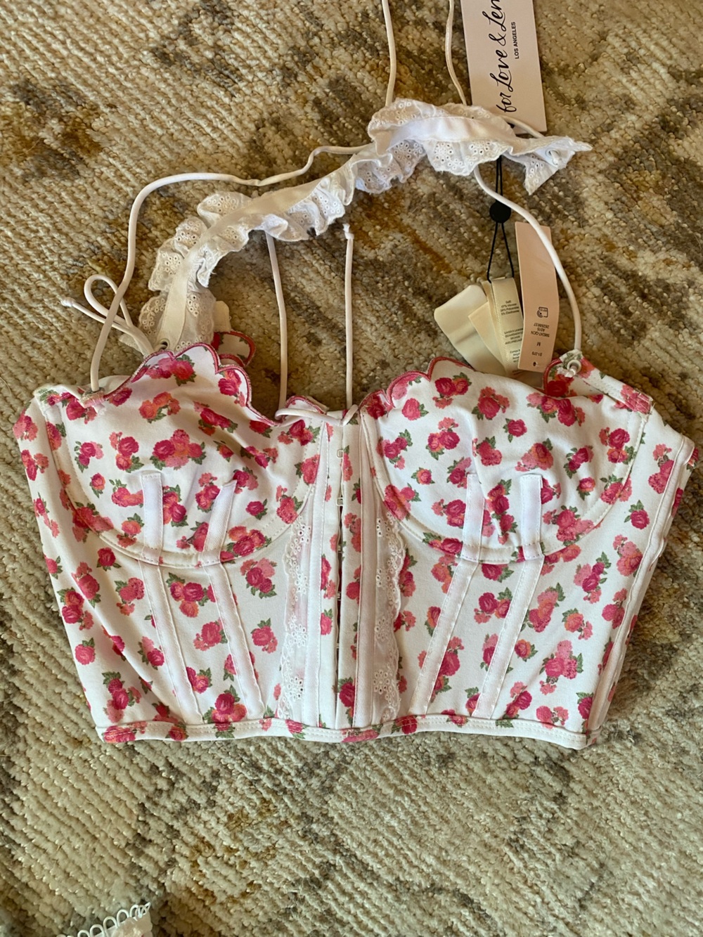 For Love & Lemons White Floral Bustier with Pink Rose Print